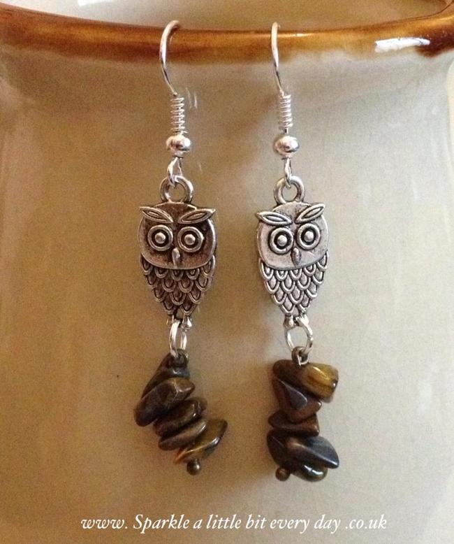 Owl earrings with semi precious stones.