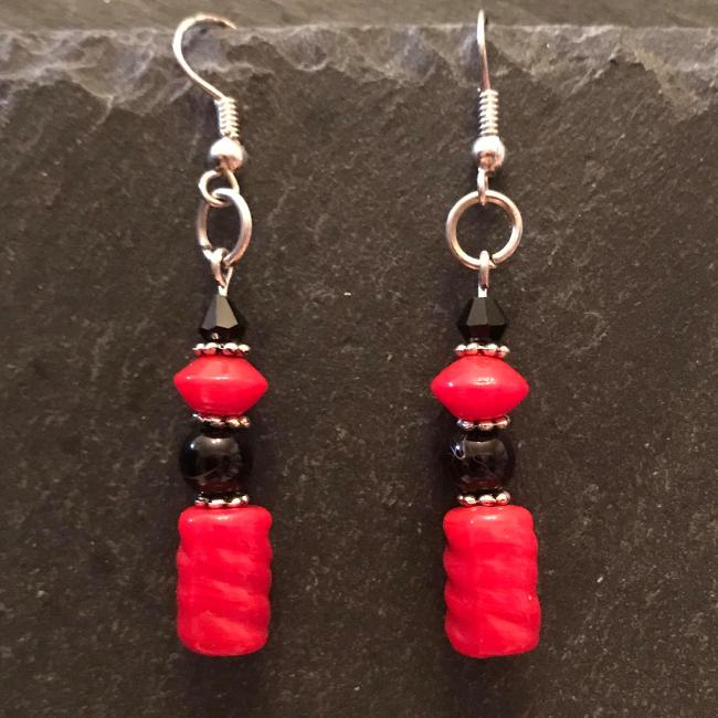 Red earrings made from glass beads and crystals.