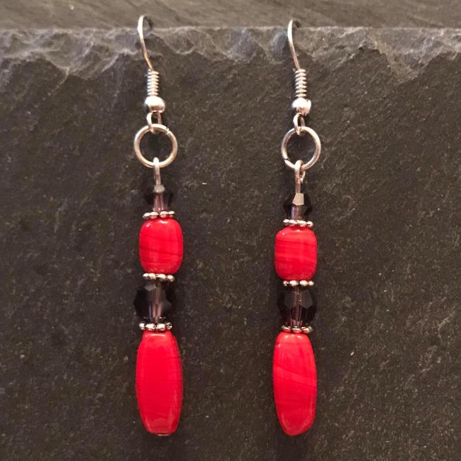 Red earrings made from glass beads and crystals.