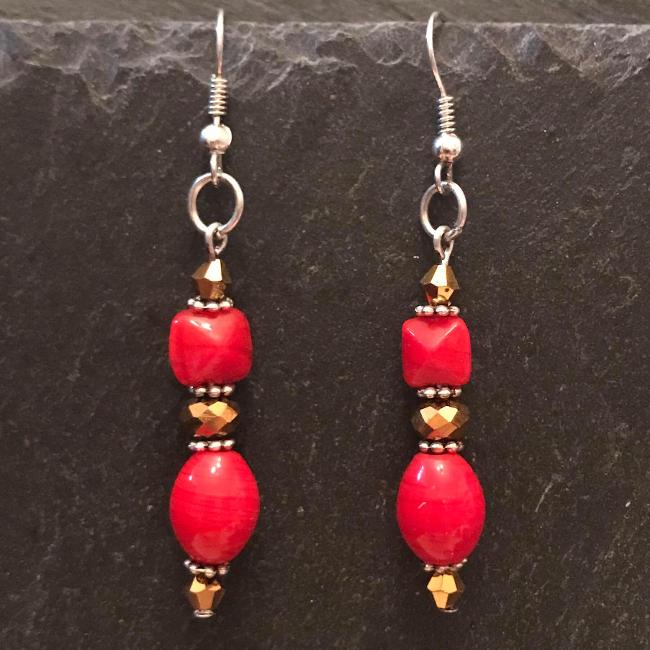 Red earrings made from glass beads and crystals.