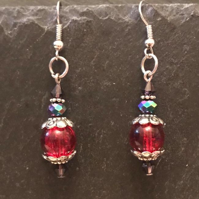 Red earrings made from glass beads and crystals.