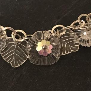 Close up view of clear flowers on the bracelet..