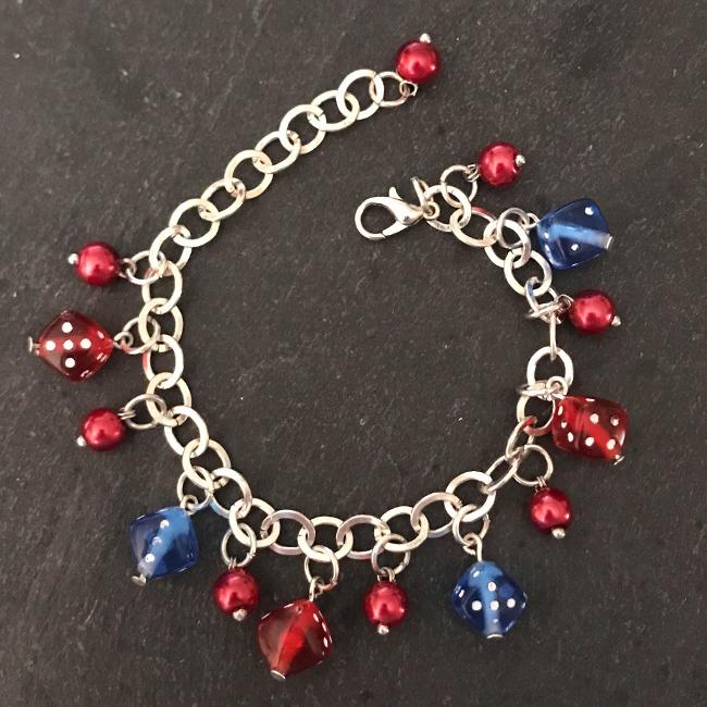 Red and blue dice child's bracelet.