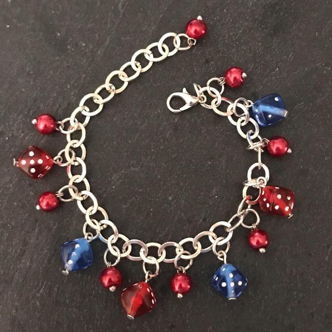 Red and blue dice child's bracelet.